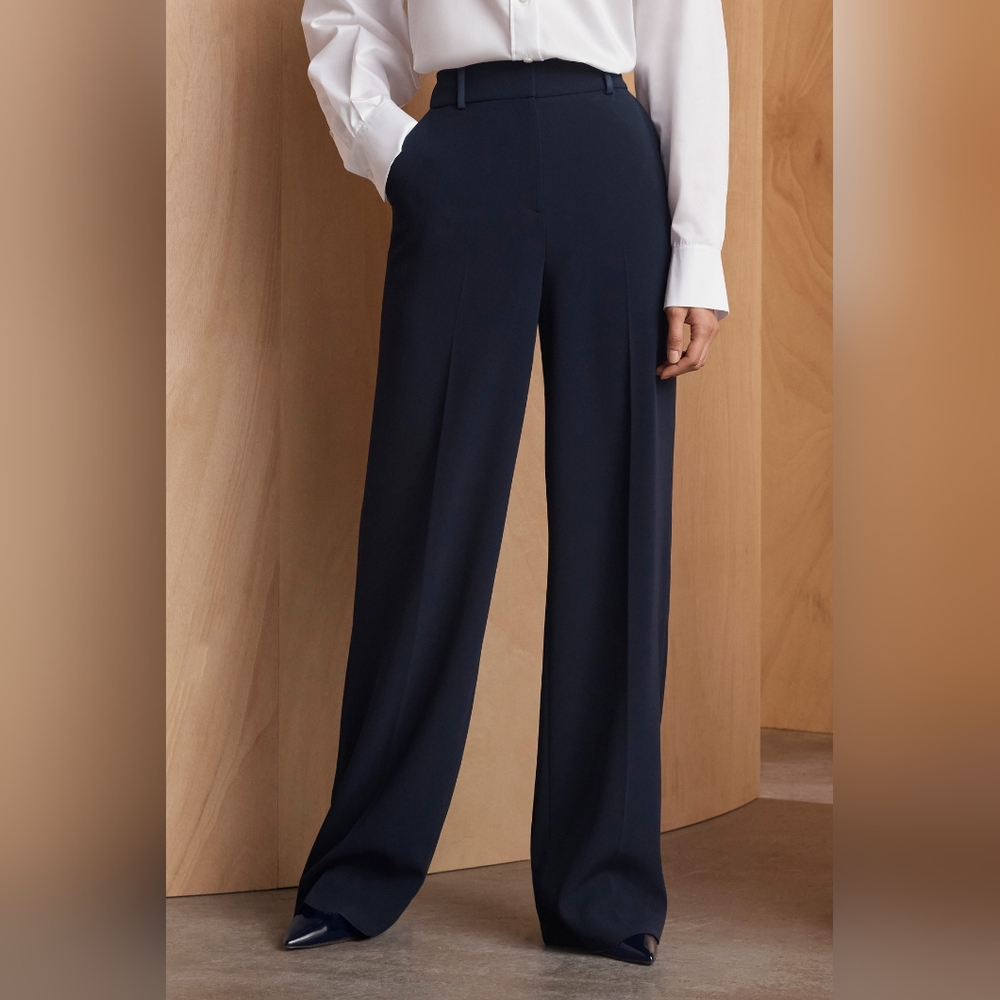 The Fold London Clever Crep Trousers High Waisted Navy 12 NWT $375
